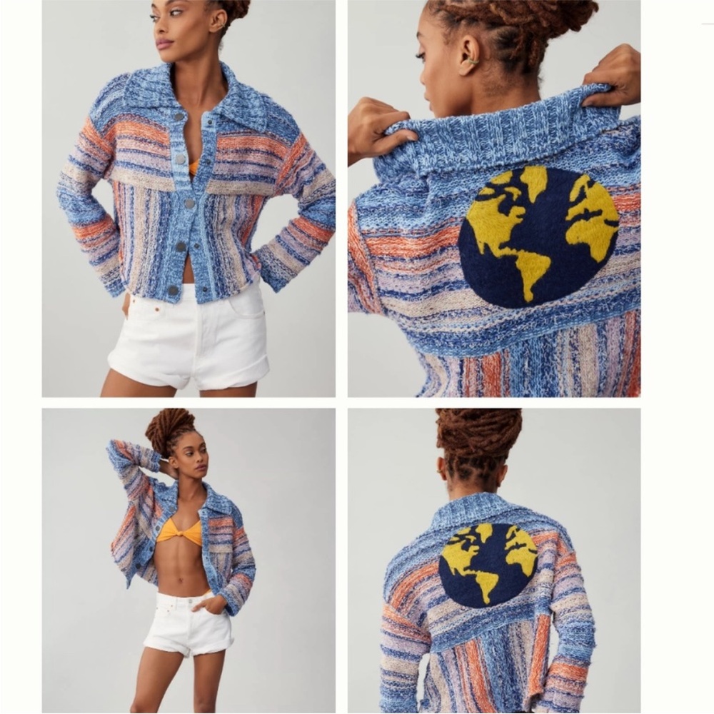 Anthropologie Pilcro Embroidered Earth Cardigan Crop Sweater Iconic World Soft M - Picture 10 of 17